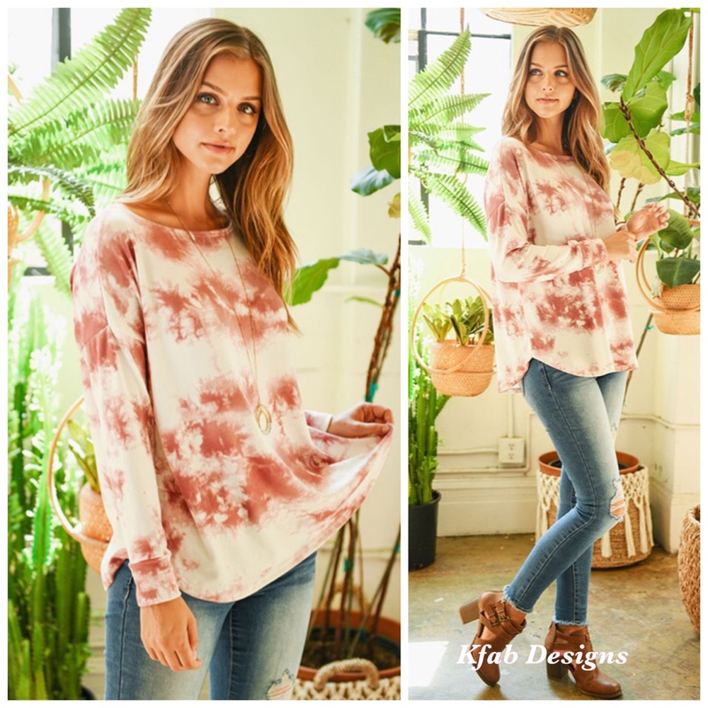 ❤️LAST 2! Wine Long Sleeve Tie Dye Boat Neck Top! - Picture 3 of 6